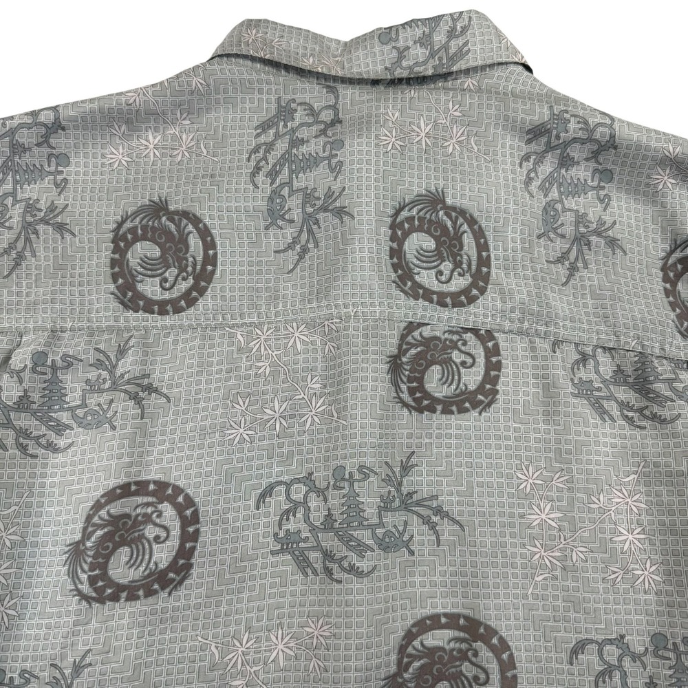 Bruno 100% Silk Button Up Shirt XL Gray Dragon Print Camp Hawaiian Y2K - Picture 7 of 9